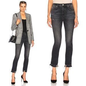 AMO • Babe Jean in Rascal slim straight cropped distressed black raw hem faded